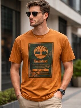 Timberland Tan Graphic Tee/ 100% Organic Cotton/ Size US M